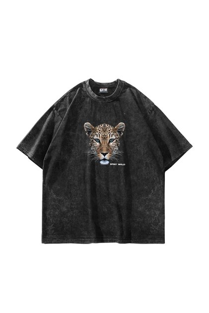 Leopard Stay Wild Printed Oversize Unisex Washable Black Tshirt