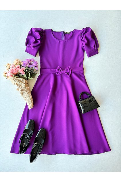 Women's Purple Color Watermelon Sleeve Crepe Midi Length Flared Dress