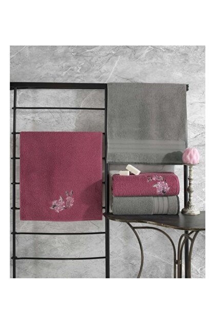 Colorful 4 Pieces (Bath Towel Large Size) Turkish Bath Towel Set-Grey K.Pink