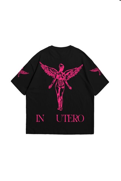تيشيرت أسود كبير الحجم مطبوع باللون الوردي للجنسين من Nirvana In Utero