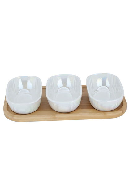 Saif Gallery Porcelain Yogurt Set, 3 Pieces, Deep Oval, with Wooden Dish - White