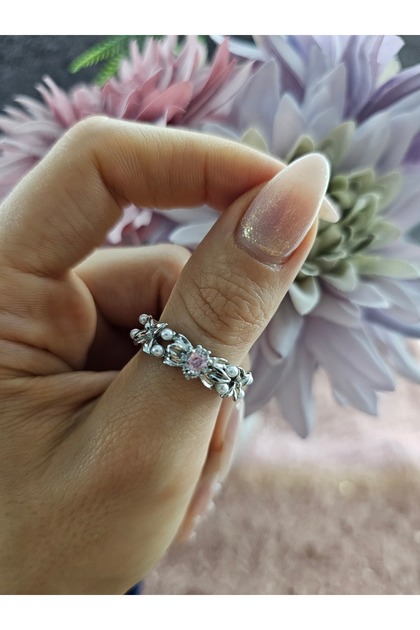 Zircon Stone Pink Heart and Flower Detailed Silver Color Adjustable Ring
