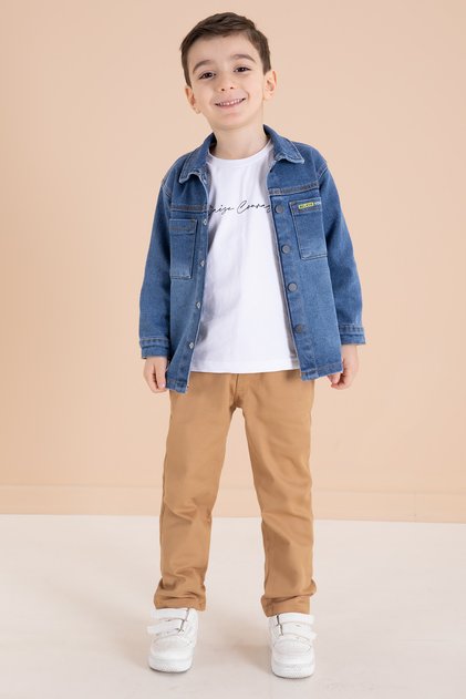 Blue Jean Shirt, Text Printed T-Shirt, Boy's Trousers, 3-Piece Set