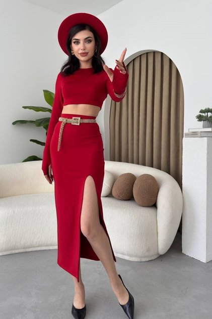 Women's Hand-Crocheted Detailed Crop Blouse and Slit Design Midi Skirt Red Two-Piece Set 287