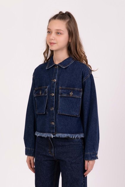 Cotton Tassel Detailed Pocket Girl's Denim Jacket - Navy Blue