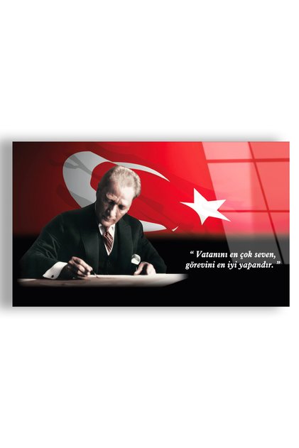 Çerçevesiz Yatay Türk Bayrağı Arka Planlı Mustafa Kemal Atatürk Kırılmaz Cam Tablo