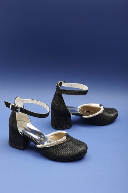 Girl's Stone Comfortable Sole Classic Heeled Evening Dress Shoes Glitter Shoes - Black