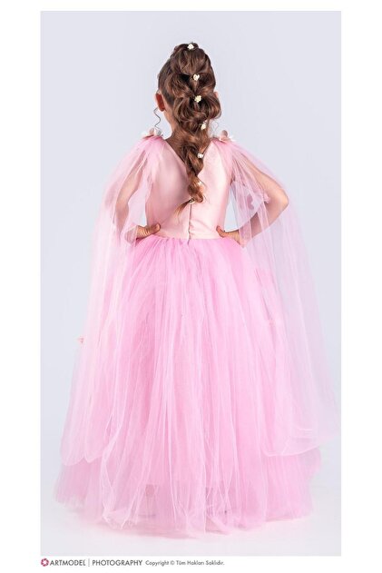 Girl's Floral Patterned Lined Cape Evening Dress