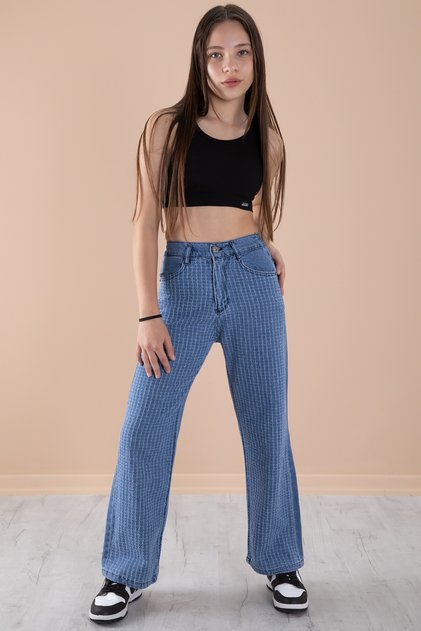 Pantaloni blugi pentru fete cu model cu picioare late, cu talie elastică 20274