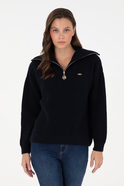 Women's Navy Blue V-Neck Zippered Sweater 50297086-Vr033