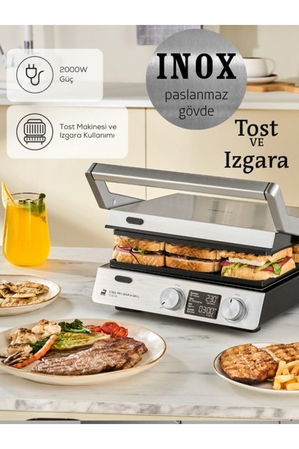 Döküm Plakalı Dijital Zaman ve Sıcaklık Ayarlı Steel Pro Sear İNOX Gövdeli Izgara ve Tost Makinesi