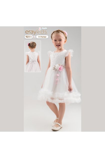 Floral Detailed Organza Ruffled Girl's Evening Dress