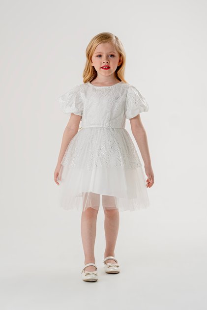 Girl's Evening Dress Ruffled Balloon Gathered Sleeve Detailed Tulle 3-6 Years