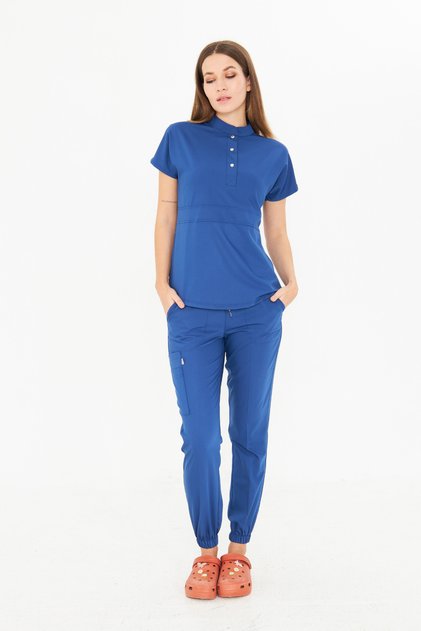 Nova - Storm Blue Women’s Stretch Fabric Mandarin Collar Half-Button Snap Nurse and Doctor Uniform Scrubs