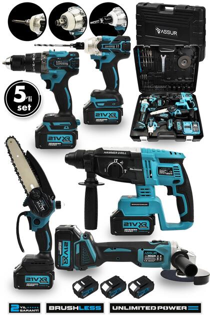 Assur 21V 2.0Ah Kömürsüz Darbeli 5'li Set Şarjlı Hilti + Taşlama + Somun Sıkma + Akülü Vidalama + Bu