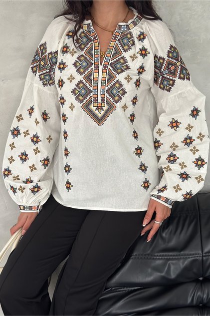Women's White Cotton Blouse with Ethnic Pattern and Embroidery