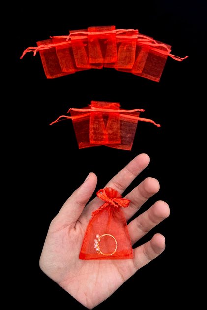 Red Organza Transparent Tulle Pouch 100 Pieces Size 5X7Cm, Henna Cookie Nuts Gold Jewelry Promise Gift