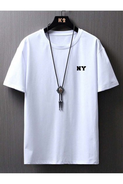 Ny Chest Printed Men's Cotton Combed Basic Comfort White T-Shirt