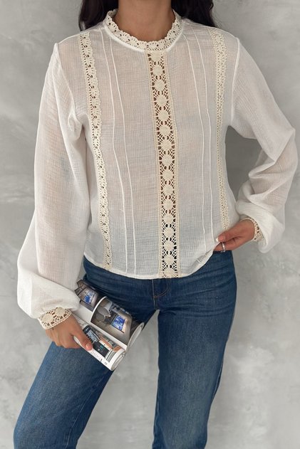 Women's Ecru Stand Collar Lace Detailed Blouse