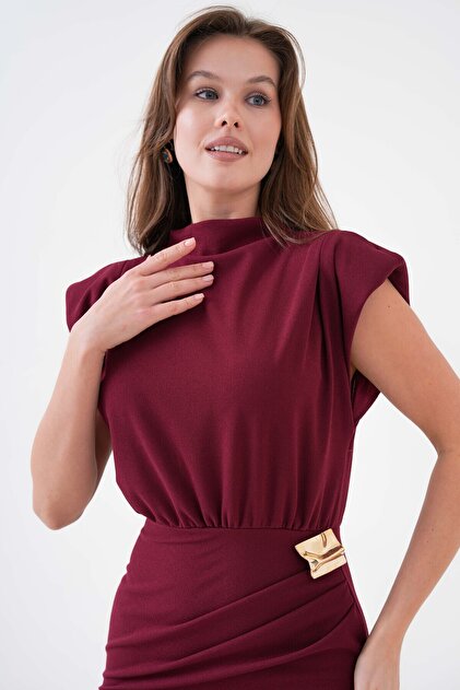 WOMAN VISION Women's Black Stretch Fabric Dress with Shiny Accessories, Padded Shoulders, Wrap Cut, Midi Length, Burgundy Color 4409- Trendyol WOMAN VISION Women's Black Stretch Fabric Dress with Shiny Accessories, Padded Shoulders, Wrap Cut, Midi Length, Burgundy Color 4409- Trendyol