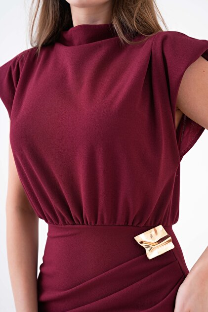WOMAN VISION Women's Black Stretch Fabric Dress with Shiny Accessories, Padded Shoulders, Wrap Cut, Midi Length, Burgundy Color 4409- Trendyol WOMAN VISION Women's Black Stretch Fabric Dress with Shiny Accessories, Padded Shoulders, Wrap Cut, Midi Length, Burgundy Color 4409- Trendyol