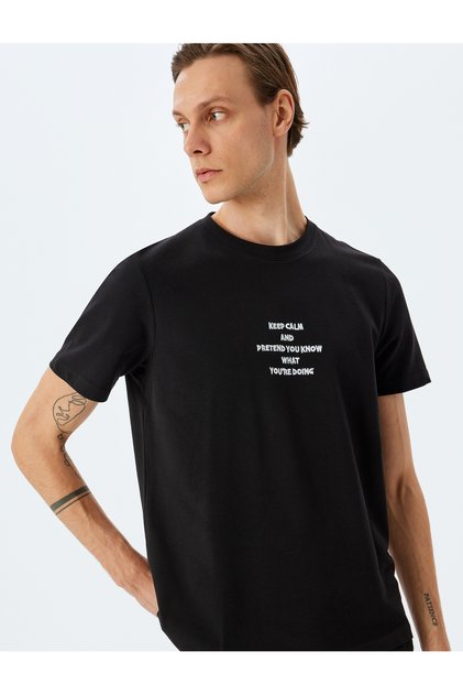 Regular Fit Cotton Pique Fabric Short Sleeve Slogan Embroidered Crew Neck T-Shirt