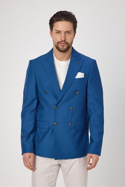 Fatuse Men's Blue Double Breasted 6 Pieces Metal Button 4 Seasons Blazer Jacket