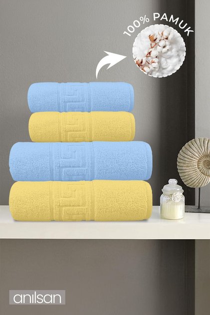 4'lü Mavi ve Sarı Greek Havlu Seti %100 Pamuk - 2 Adet El Havlusu ve 2 Adet Banyo Havlusu