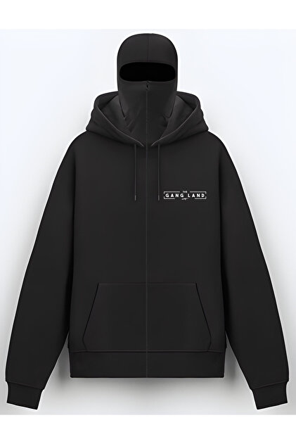 Edizen Gangland Siyah Kar Maskeli Düz Oversize Kapüşonlu Fermuarlı