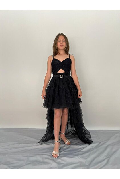 BUTKHAPPYKDS Girl's Strappy Black Short Front Long Back Sparkling Tulle Evening Dress 9-15 Years- Trendyol BUTKHAPPYKDS Girl's Strappy Black Short Front Long Back Sparkling Tulle Evening Dress 9-15 Years- Trendyol