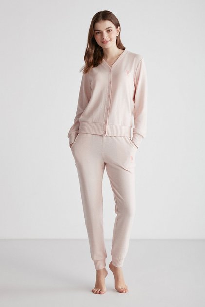 U.s Polo Assn. 16956 Kadın Pembe Melanj Patlı Uzun Kollu Pijama Takımı -Pembemelanj