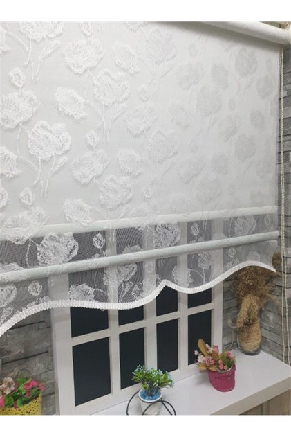 Çift Mekanizmalı Beyaz Çiçekli Tül & Ekru Stor Perde STB1093