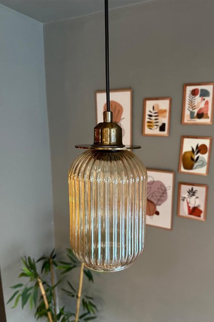 Wingmn Bal Rengi Cam Tekli Avize Eskitme İnce UBaşlık Retro Sarkıt Restoran Salon Aydınlatma