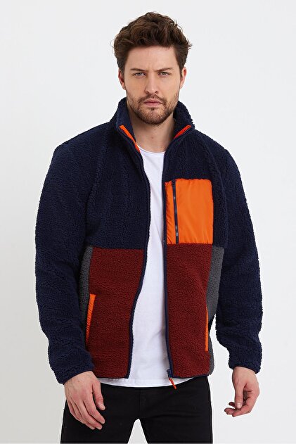 Men's Zippered Comfort Stand Collar Piece Fleece Navy Blue Jacket
