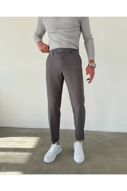 Gray Elastic Waist Slim Fit Double Leg Fabric Trousers