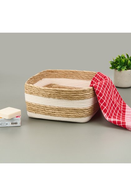 Living Boho Style Büyük Kağıt İp Sepet - Bej / Beyaz - 28x28x14 cm