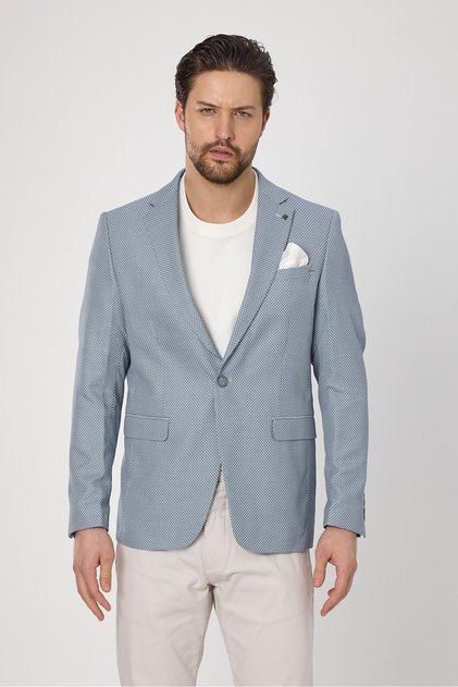 Alturo Men's Blue Spring-Summer Honeycomb Pattern Regular Fit Blazer Jacket