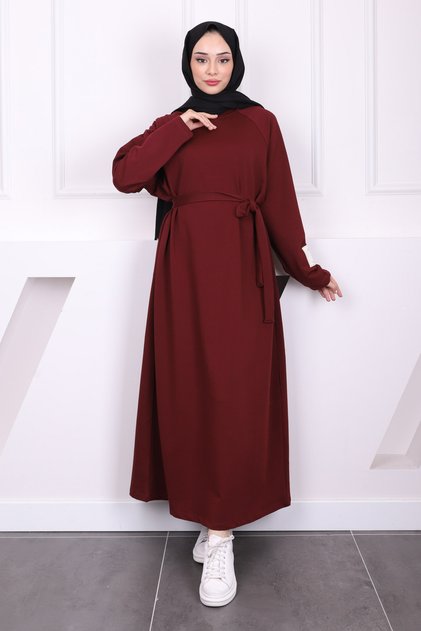 Burgundy Waist Belted Crew Neck Dress