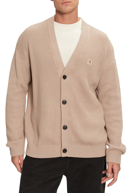 CARDIGAN, PRE MUŽOV, V-NECK, DLHÉ RUKÁVY, PEVNÁ FARBA, S LOGOM, TLAČIDLO