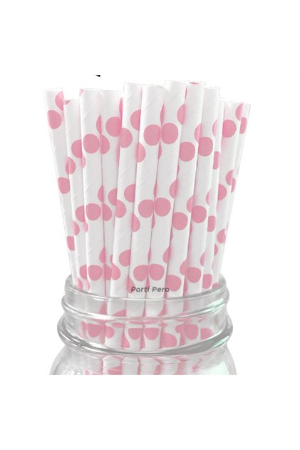 Beyaz Pembe Puantiyeli Kağıt Pipet 24'lü Paket
