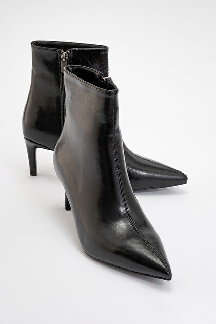 Noya Black Skin Pointed Toe Women's Thin Heeled Boots