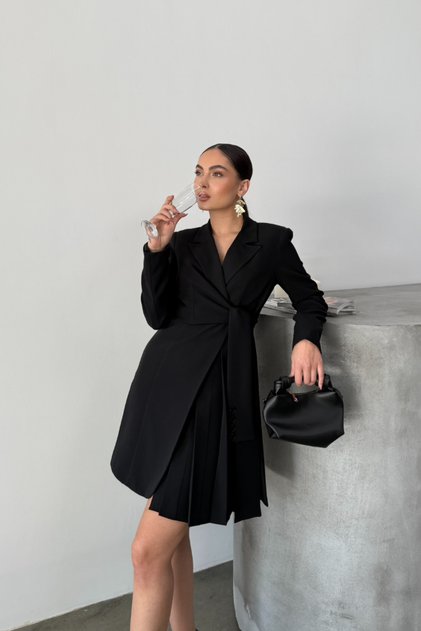 Women's Dress Mini Stylish Long Sleeve Belted Double Breasted Collar Pleated Jacket Dress