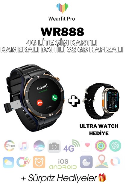WR888 4G Lite Sim Kartlı Kameralı 32gb AI Destekli NFC GPS 39mm Yuvarlak Akıllı Saat + Ultra Watch