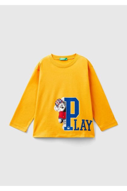 Boy's Mustard Yellow Photo Printed Crew Neck Long Sleeve T-Shirt
