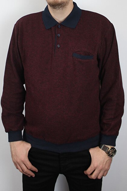 Erkek Polo Yaka Cepli Regular Kalıp Selanik Örgü Bordo Sweatshirt Bir Beden Küçük Önerilir