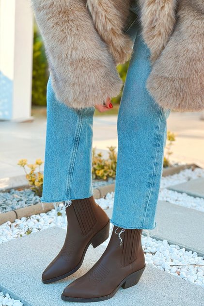 Nash Elastic Side Band Rubber Detail Western Women's Cowboy Boots Bootie Boots Bitter Brown Skin