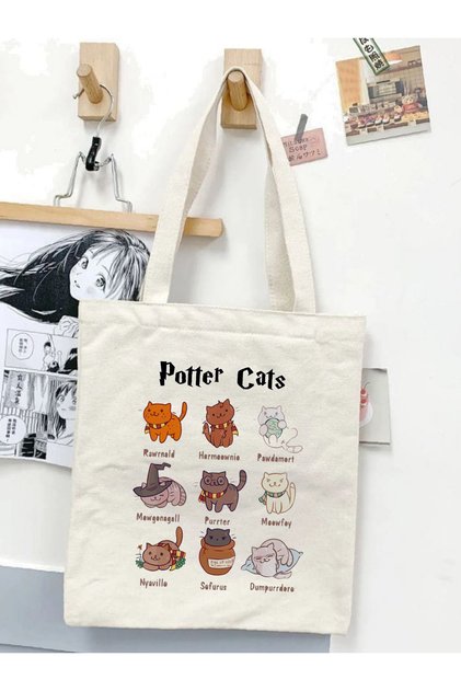Potter Cat with Cat Design Raw Cloth Tote Bag,Pinterest Bag