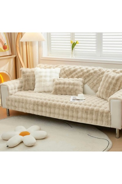 Tavşan Peluş Bubble Desen Üç Kişilik Kanepe Örtüsü ( 1adet ) Ölçüm 80 X 200 cm krem