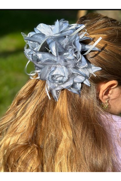 Luxury Fashion Trend Large Satin Artificial Rose Flower Hairpin Clip Buckle Gray Silver
