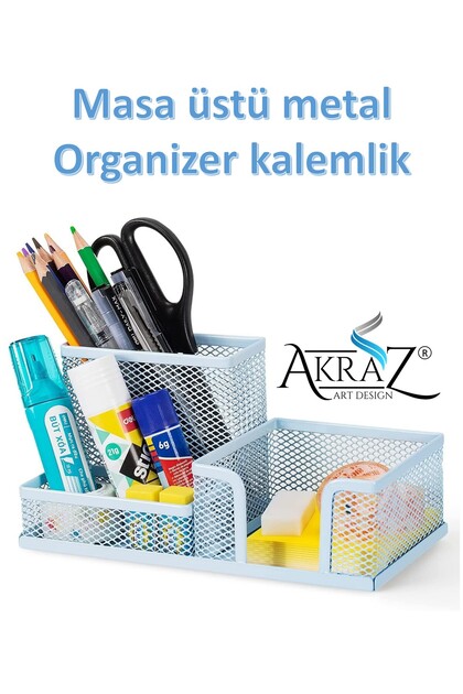 MASA ÜSTÜ METAL KALEMLİK ÜÇ GÖZLÜ (MASA SETİ) MAVİ